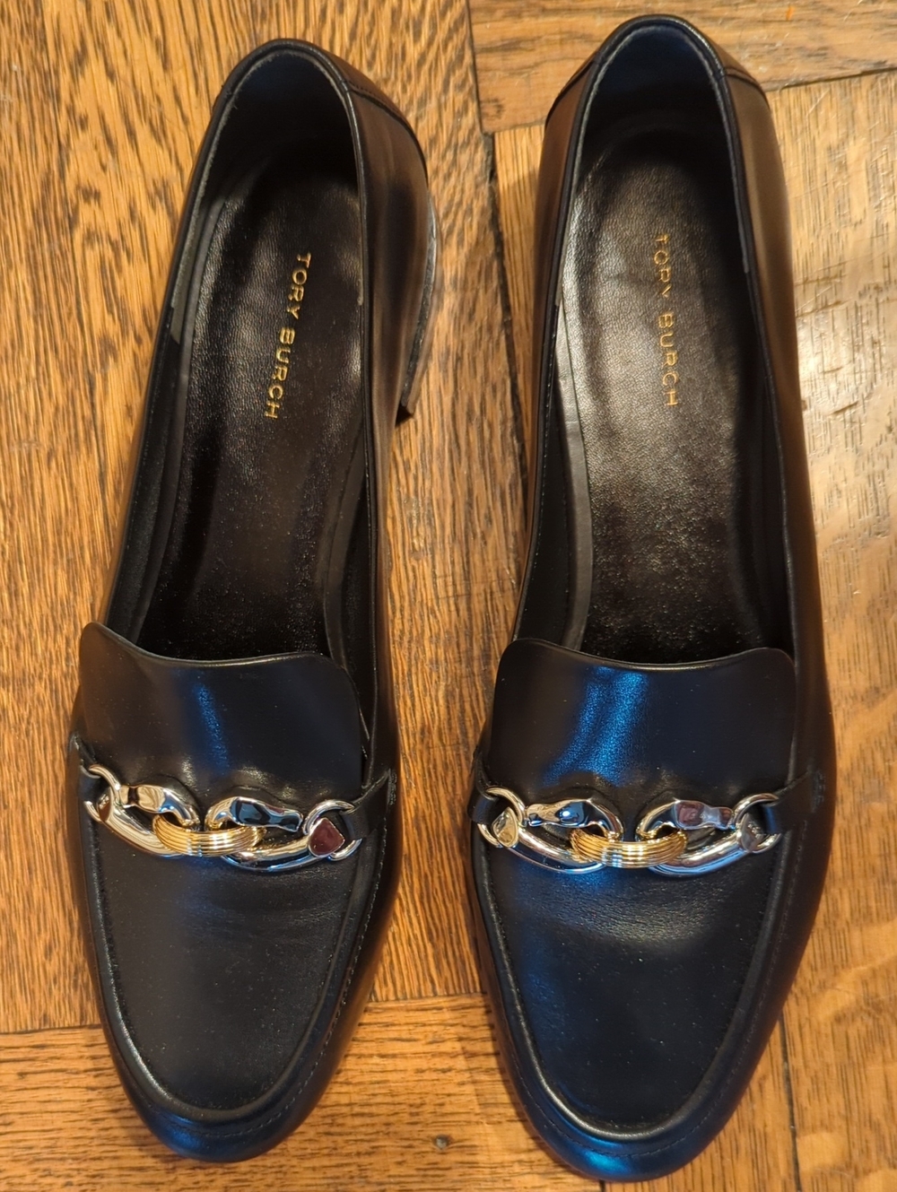 Tory Burch Black Leather Loafers with Mixed Metal Chain